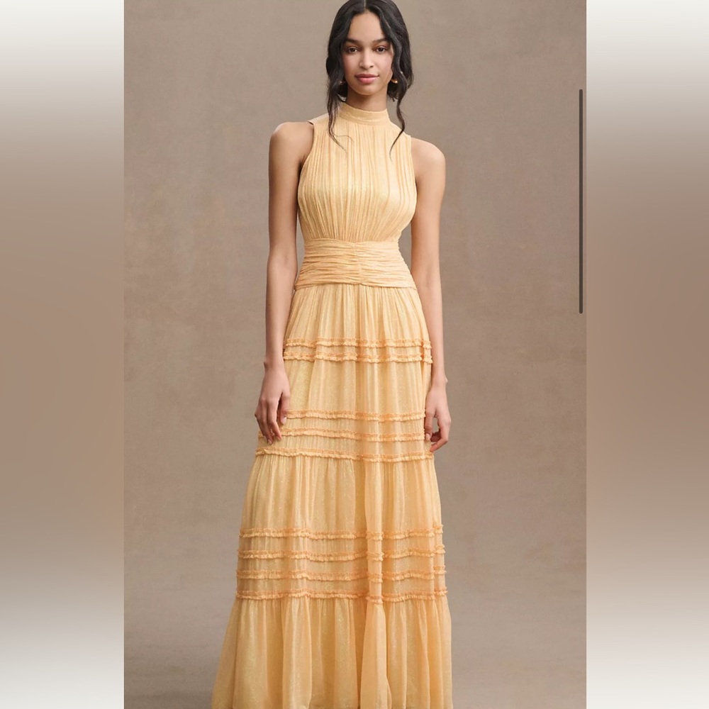 BHLDN Juniper Metallic Tiered Backless High-Neck Gown